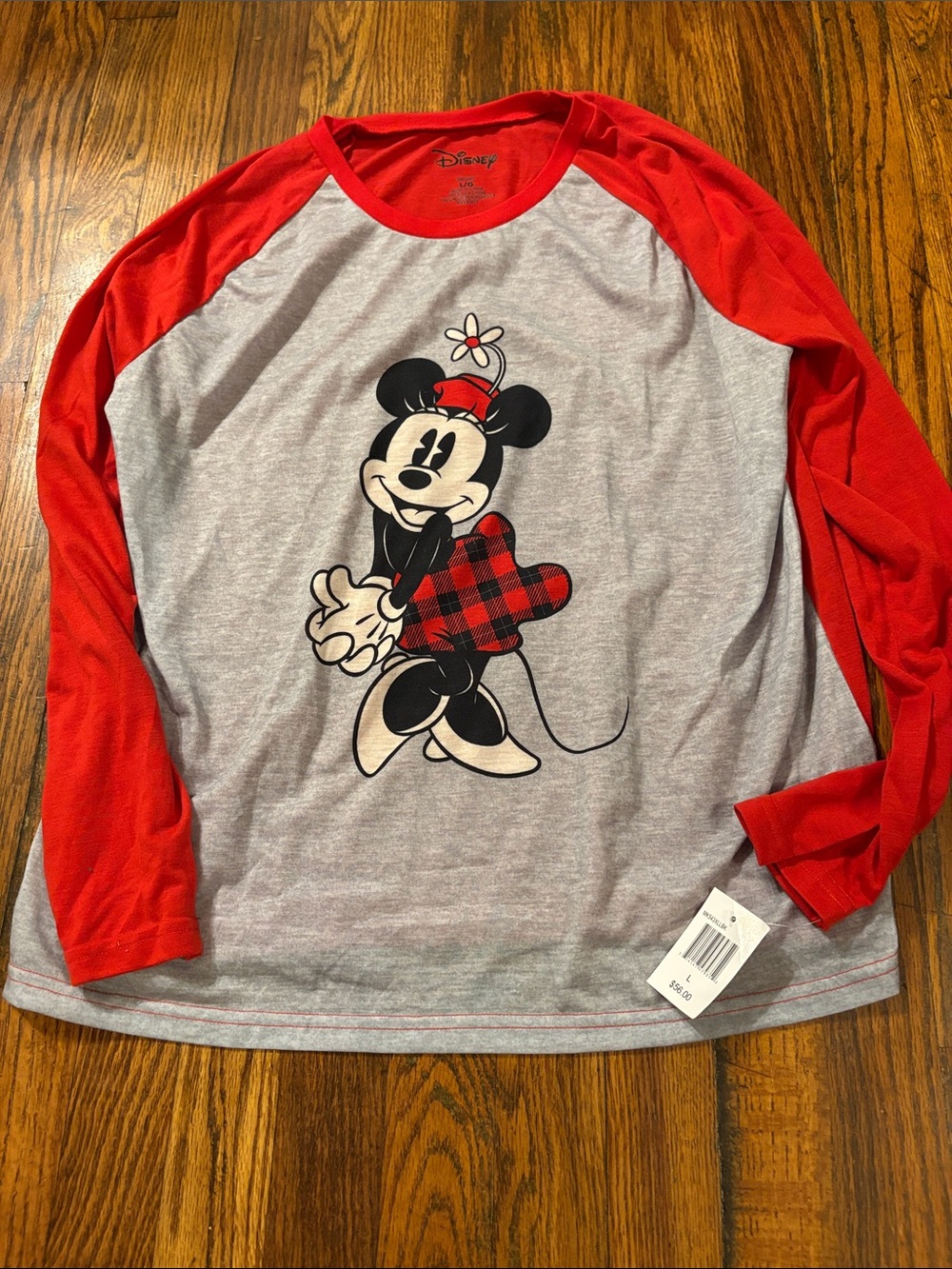 🎉NWT! Disney Women's Red & Gray Minnie Mouse Raglan Pajama Top